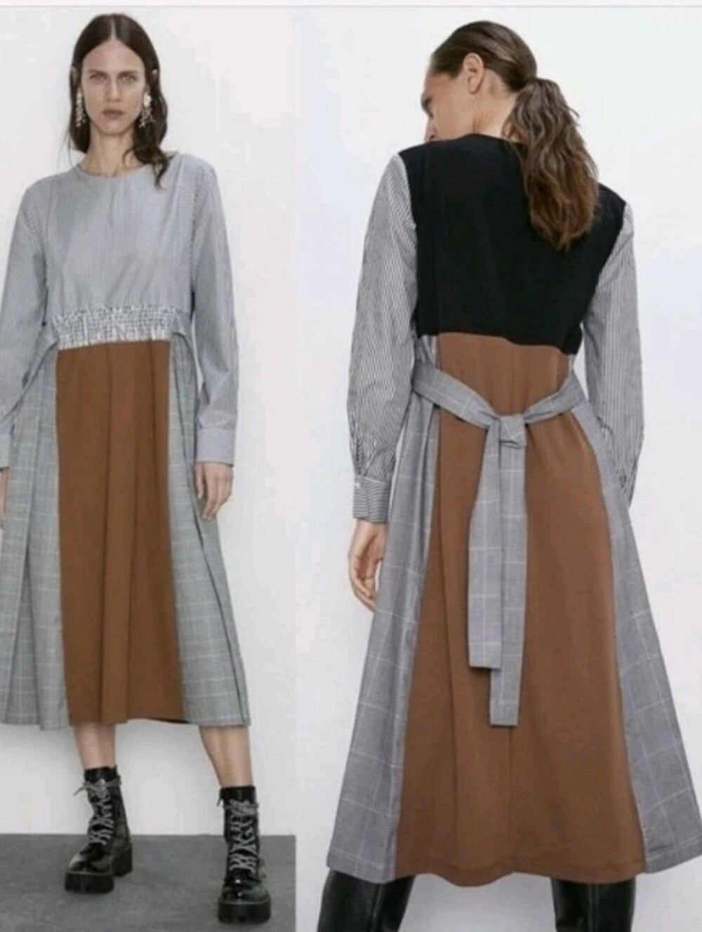 Zara Women Colorblock Midi Dress Belted Plaid Striped Tan Black Size L